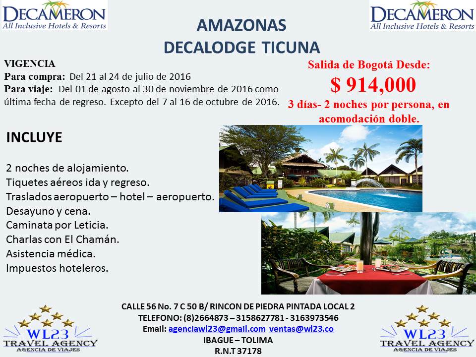 Espectacular promoción Amazonas, con el Hotel Decalodge Ticuna, desde 914.000 por persona. Reserva al 2664873 - 3158627781