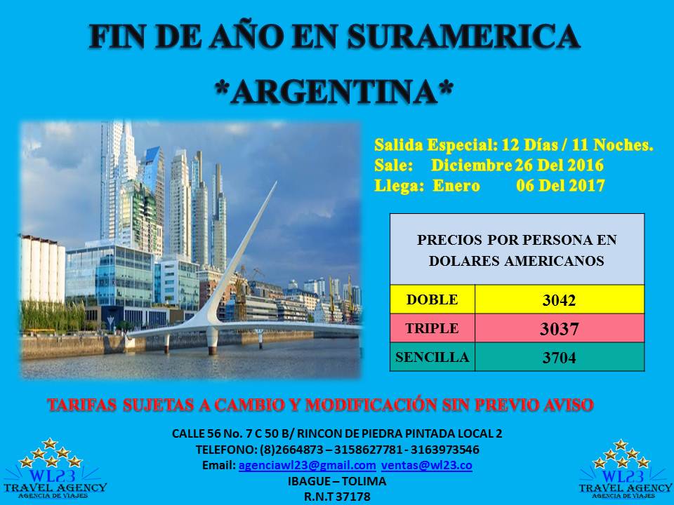 Fin De Año en Suramerica *ARGENTINA* Salida Especial - 12 Días - 11 Noches, Del 26 de Diciembre del 2016 al 6 de Enero del 2017. Tarifa por persona en Dolares Americanos en acomodación triple desde USD 3037. APROVECHA YA!!! Reserva al 2664873 - 3158627781.