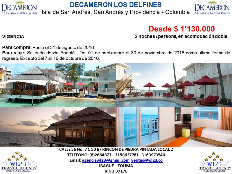 San Andres - Decameron Los Delfines, desde $ 1.130.000 pesos, por persona, en acomodación doble, 3 días y 2 noches, saliendo desde Bogotá, no te lo puedes perder!!! Reserva Ya al 2664873 - 3158627781.