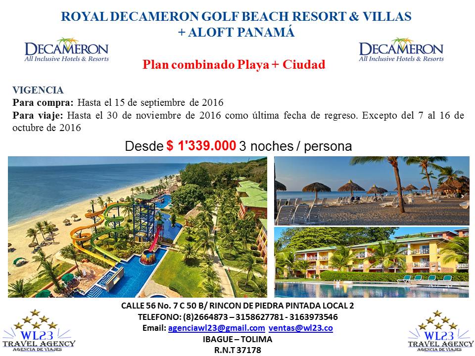 Panamá - Plan combinado Playa + Ciudad, desde 1.339.000 por persona en acomodación doble, para compra: hasta el 15 de septiembre, para viaje: hasta el 30 de noviembre de 2016 como última fecha de regreso. Excepto del 7 al 16 de octubre de 2016. No te lo puedes perder, que esperas para reservar al 2664873 – 3158627781.