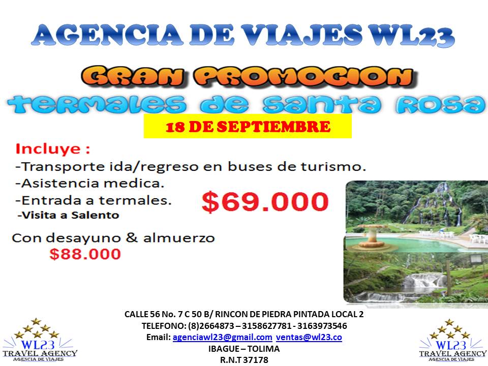 Vive una experiencia única de relajación y conexión con la tierra en los Termales de Santa Rosa De Cabal, salimos el 18 de Septiembre, por tan solo $ 88.000 pesos, un lugar donde el Paisaje Cultural Cafetero se mezcla con agua de calor natural. No dejes pasar esta gran oportunidad!!! Separa tu cupo desde ya!!! 2664873 - 3158627781.